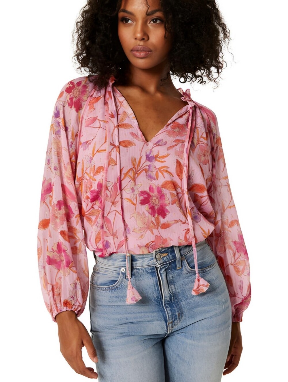 MISA Floral Pink Gold Orange Long Sleeve Bella Top, L